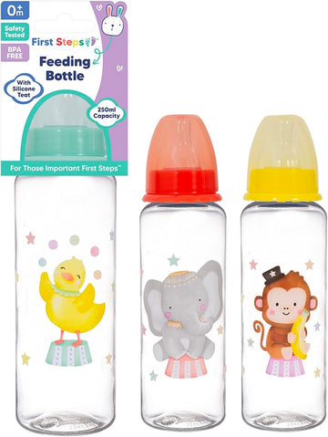 3 Pack Baby Milk and Water Bottles Easy Grip with Soft Silicone Medium Flow Teats 250ml 8.5oz, Fun and Cute Animal Designs
