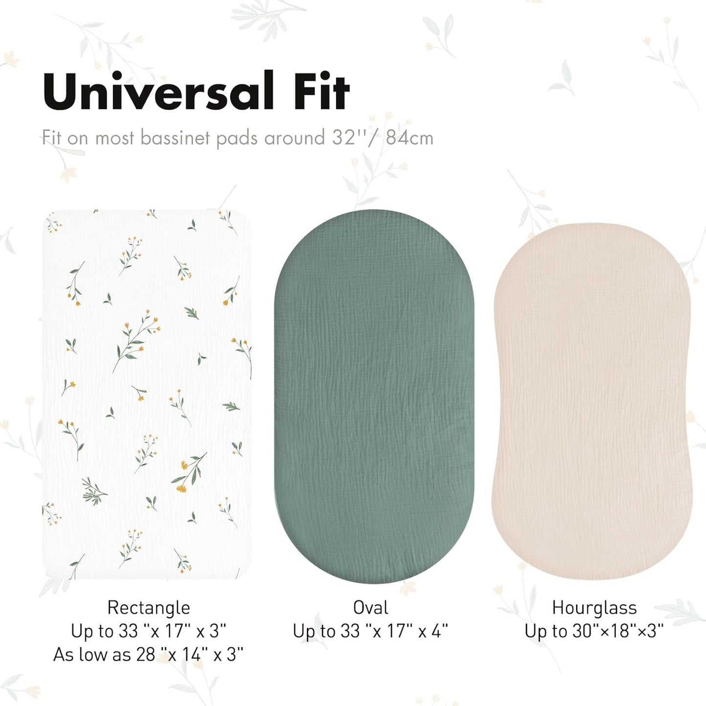 Baby Mattress Cover, Fitted Sheet, Pack of 3, 100% Muslin Cotton,Oeko-Tex 100,Muslin Bassinet Sheets,Bassinet Cover,Pram Mattress Cover,83 x 43 x 10 cm,Fitted Sheet for Prams, Bassinets(Flower)