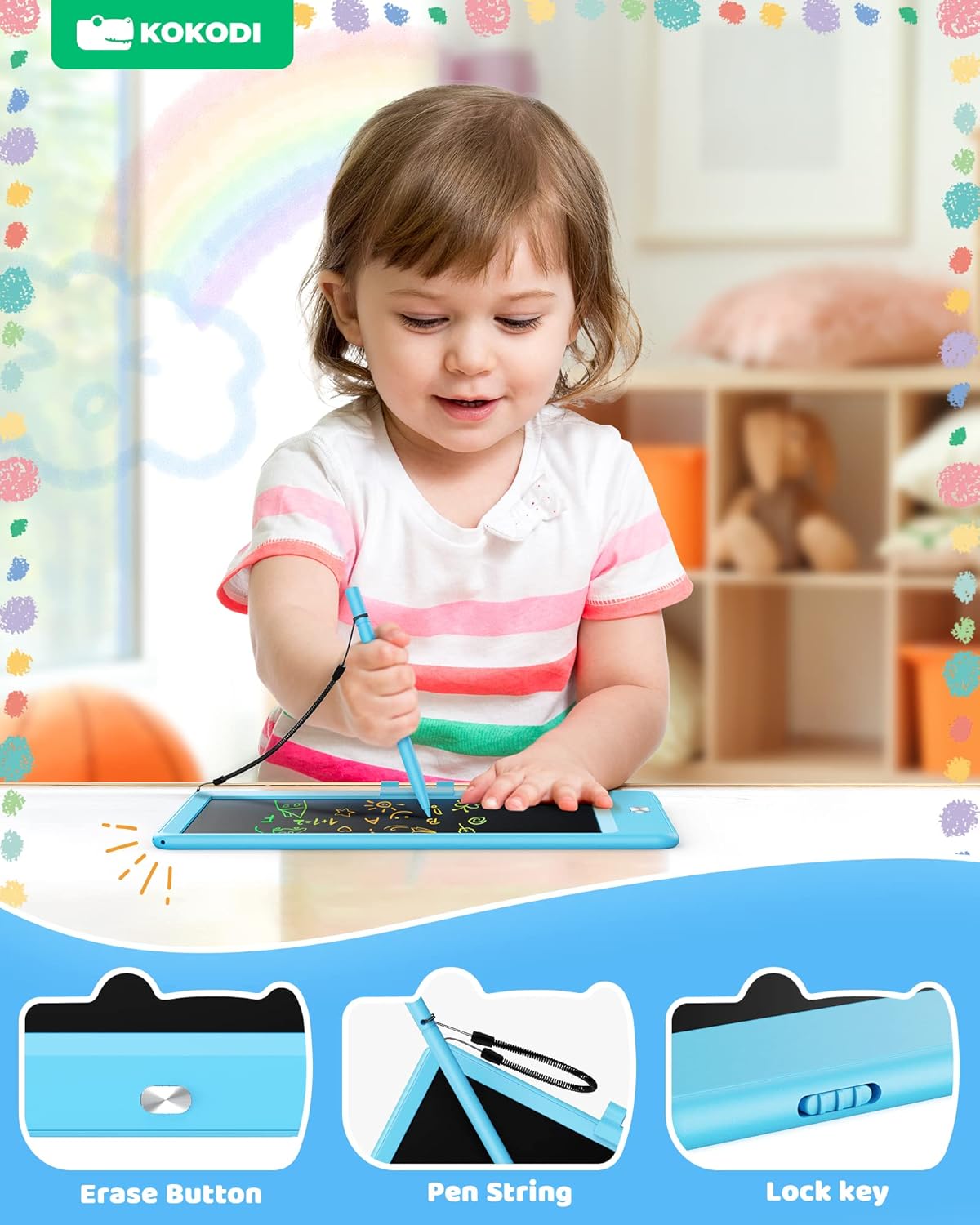 KOKODI LCD Writing Tablet, Valentines Day Gifts for Kids,10 Inch Colorful Toddler Doodle Board Drawing Tablet, Erasable Reusable Electronic Drawing Pads, Educational and Learning Toys for Kids