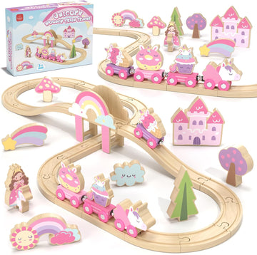 Lehoo Castle Unicorn Gifts for Girls, Wooden Train Set Kids Toys for 3 4 5 6 Year Old, Train Track Girls Unicorn Toys for Toddler Age 3-6