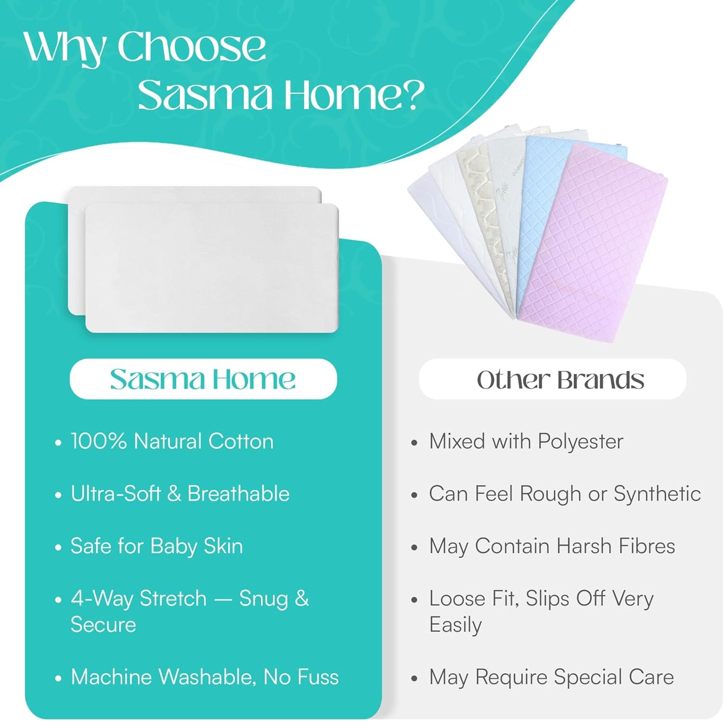 Sasma Home - 2 x Cot Fitted Sheets 120x60cm - 100% Cotton, Soft breathable baby cot sheets (White)