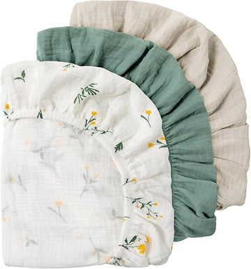Baby Mattress Cover, Fitted Sheet, Pack of 3, 100% Muslin Cotton,Oeko-Tex 100,Muslin Bassinet Sheets,Bassinet Cover,Pram Mattress Cover,83 x 43 x 10 cm,Fitted Sheet for Prams, Bassinets(Flower)