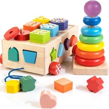Bravmate Montessori Toys for 1 2 3 Year Old, Wooden Shape Sorter Stacking Rings Baby Toys 12-18 Months, Preschool Educational Learning Color Toddler toys, 1 Year Old Boys Girls Birthday Toy