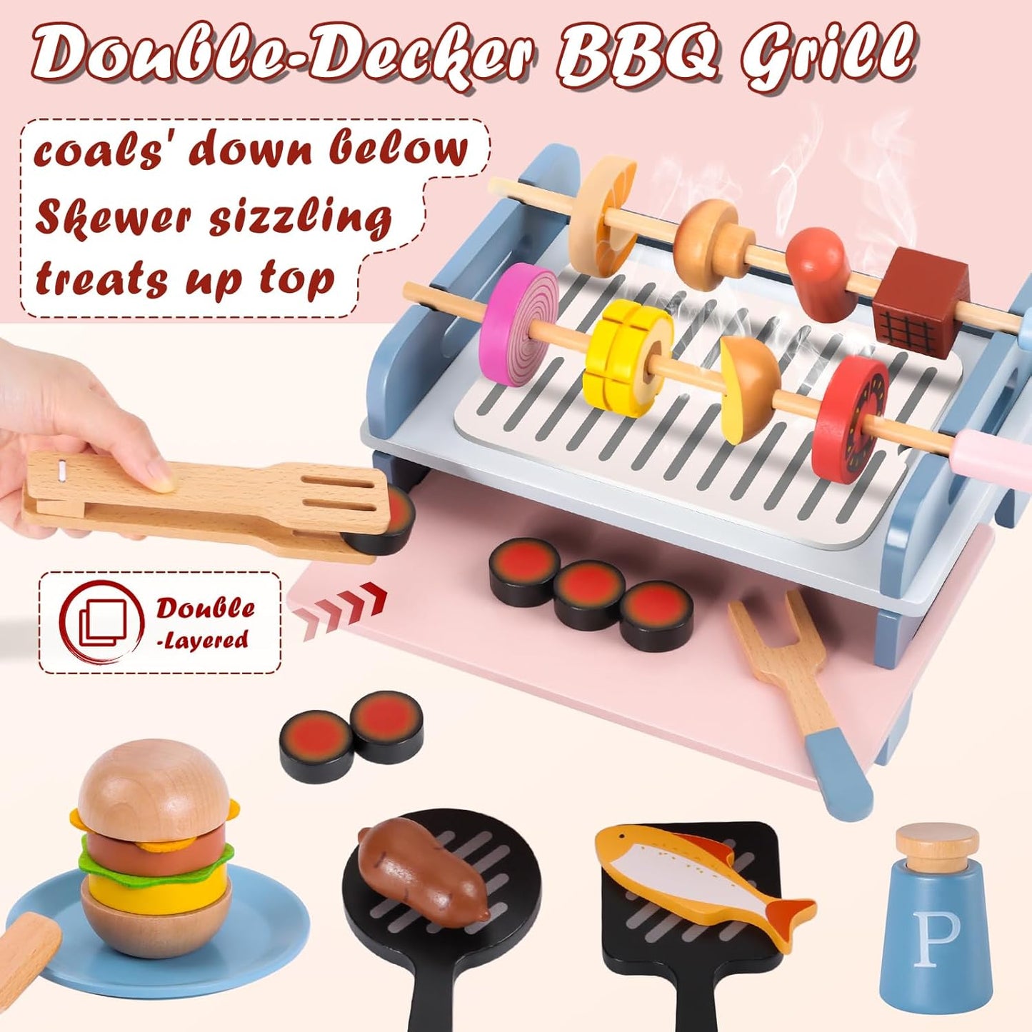 DICAO Gifts for 2 3 4 Year Old Girls Boys, 30 Pcs Toddler Toys, Wooden Kitchen BBQ Toys, Toy Kitchen Accessories, Role Play Toys for 2-5 Year Old Kids