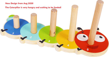 TOWO Wooden Stacking Rings Baby –Lovely Caterpillar Counting Game - Colour Sorting Puzzle - 5 Pegs Ring Stacker - Counting Rings Early Learning Wooden Toys for 1 year old Gift First Birthday Boy Girl