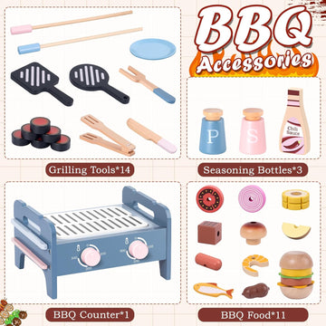 DICAO Gifts for 2 3 4 Year Old Girls Boys, 30 Pcs Toddler Toys, Wooden Kitchen BBQ Toys, Toy Kitchen Accessories, Role Play Toys for 2-5 Year Old Kids