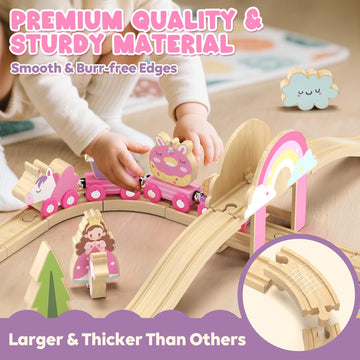 Lehoo Castle Unicorn Gifts for Girls, Wooden Train Set Kids Toys for 3 4 5 6 Year Old, Train Track Girls Unicorn Toys for Toddler Age 3-6