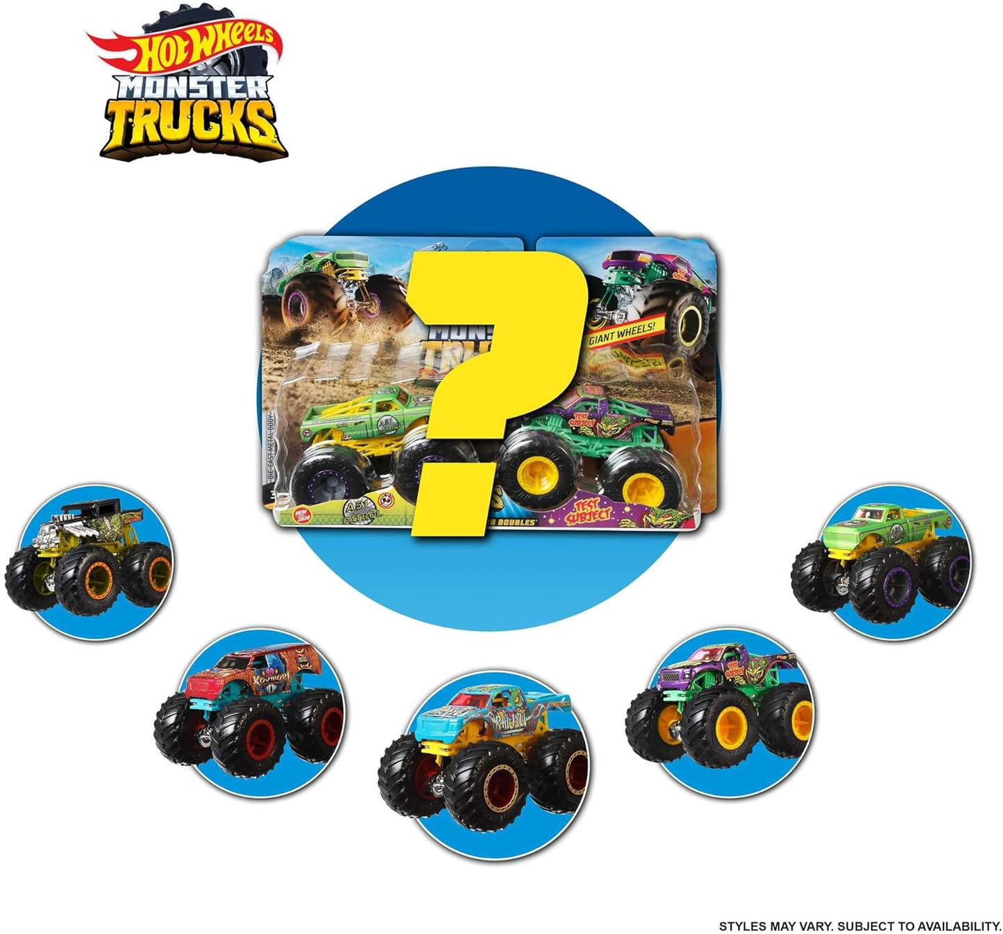 Hot Wheels Monster Trucks 2-Pack, Demolition Doubles Set of 2 Toy Vehicles in 1:64 Scale, For Kids & Collectors (Styles May Vary), FYJ64