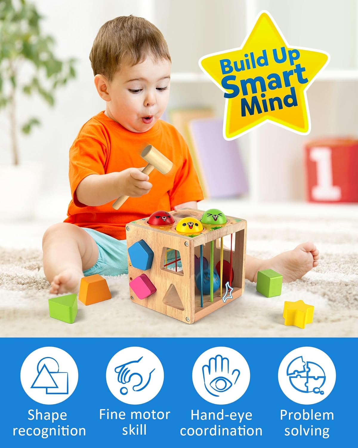 Coogam Wooden MontessoToys for Toddlers, Shape Sorting Cube Whack Mole Fine Motor Skills Game for 1 2 3 Year Old 18 Month Baby Boys Girls Gift
