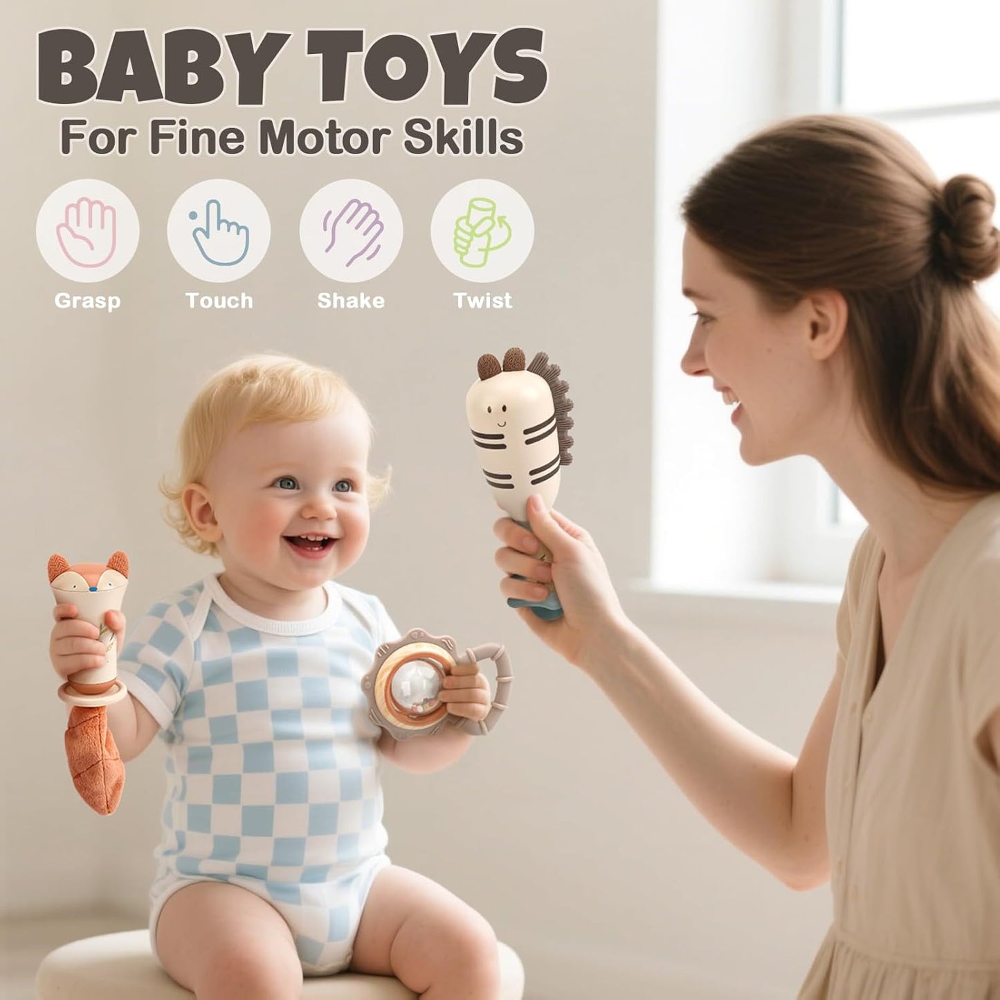 Baby Toys 0-6 Months Newborn Toys Rattle Teething Toys Sensory for Baby with Storage Box (10pcs)