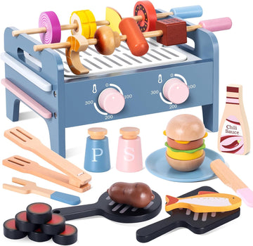 DICAO Gifts for 2 3 4 Year Old Girls Boys, 30 Pcs Toddler Toys, Wooden Kitchen BBQ Toys, Toy Kitchen Accessories, Role Play Toys for 2-5 Year Old Kids
