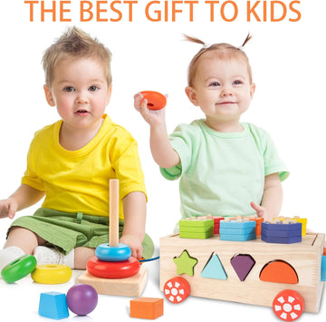 Bravmate Montessori Toys for 1 2 3 Year Old, Wooden Shape Sorter Stacking Rings Baby Toys 12-18 Months, Preschool Educational Learning Color Toddler toys, 1 Year Old Boys Girls Birthday Toy