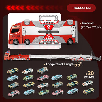 Jiakora Fire Truck Toys Car with 65 Inch Race Car Tracks & 20 Car, Transport Truck with Lights Sounds, Toys Fire Engines for Toddler 3 4 5 6 7 Years Old, Cars Toy Christmas Birthday Gift for Boys Kids