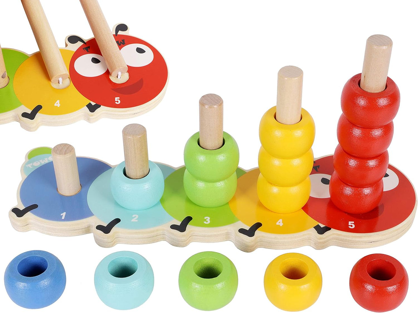 TOWO Wooden Stacking Rings Baby –Lovely Caterpillar Counting Game - Colour Sorting Puzzle - 5 Pegs Ring Stacker - Counting Rings Early Learning Wooden Toys for 1 year old Gift First Birthday Boy Girl