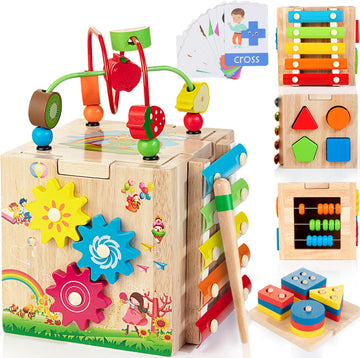 Wooden Activity Cube | 8-in-1 Montessori Toys for 18M+ Toddlers, One Year Old First Birthday Toy, Baby Toy Set with Bonus Sorting & Stacking Board