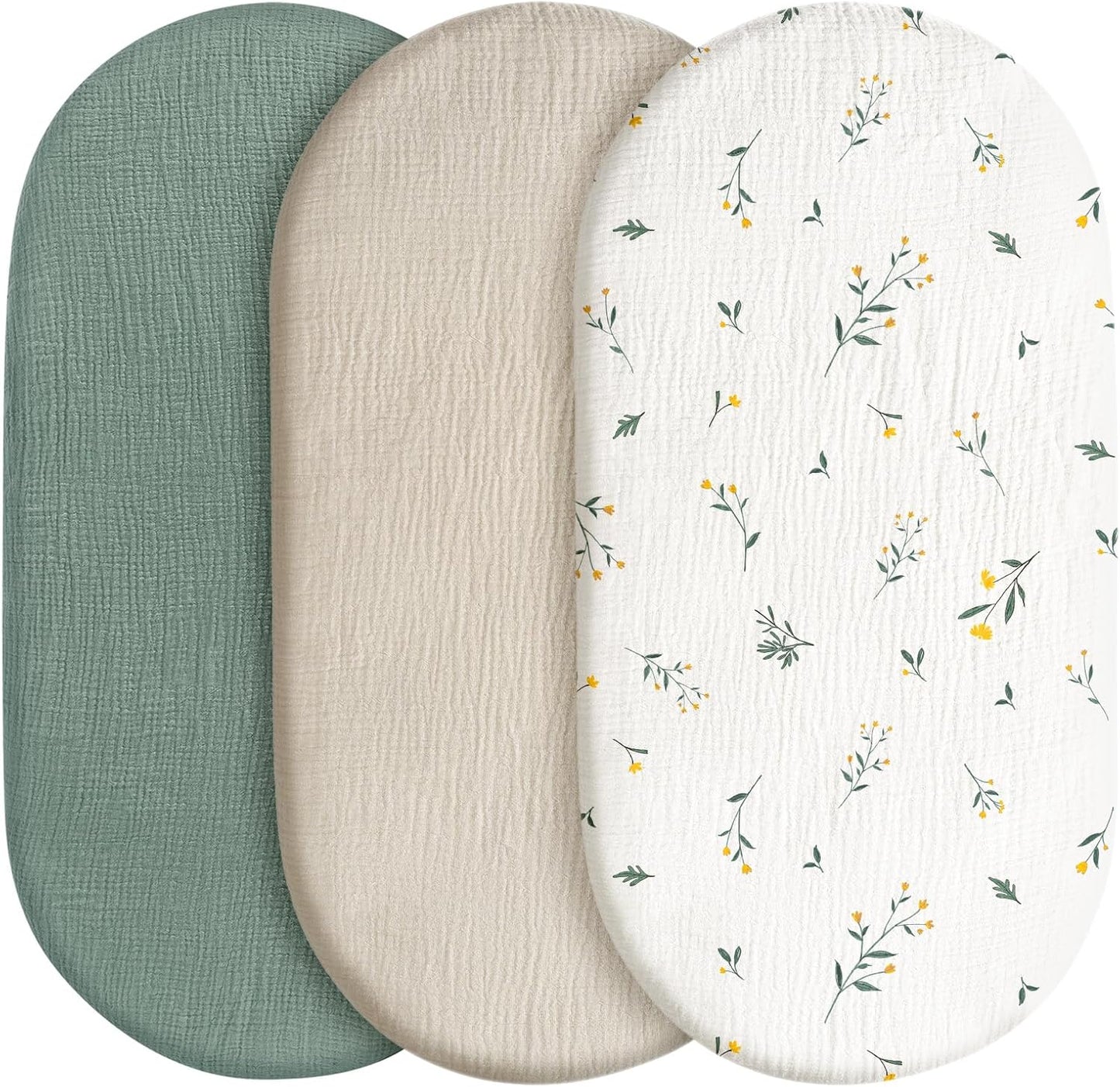 Baby Mattress Cover, Fitted Sheet, Pack of 3, 100% Muslin Cotton,Oeko-Tex 100,Muslin Bassinet Sheets,Bassinet Cover,Pram Mattress Cover,83 x 43 x 10 cm,Fitted Sheet for Prams, Bassinets(Flower)