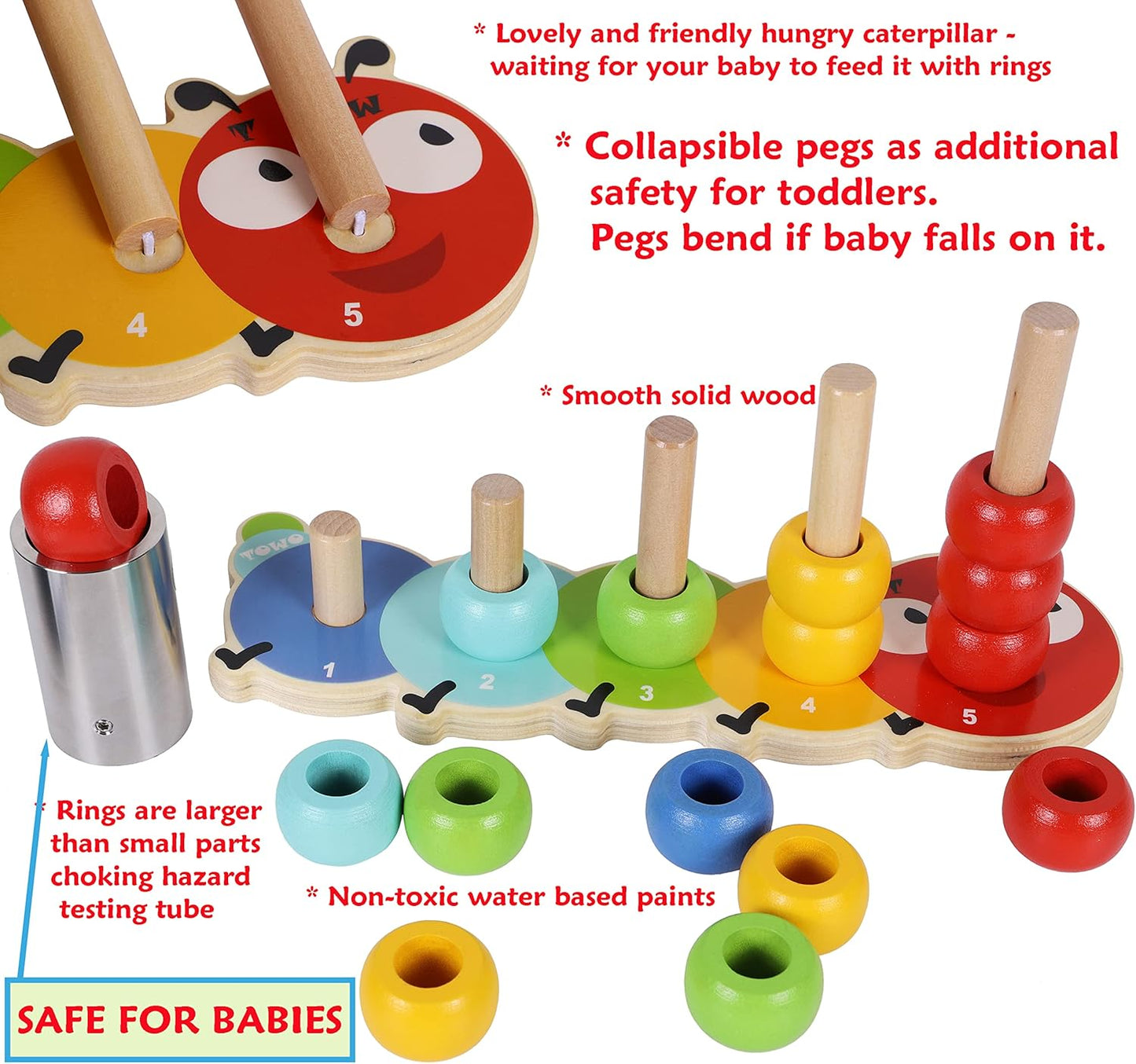 TOWO Wooden Stacking Rings Baby –Lovely Caterpillar Counting Game - Colour Sorting Puzzle - 5 Pegs Ring Stacker - Counting Rings Early Learning Wooden Toys for 1 year old Gift First Birthday Boy Girl