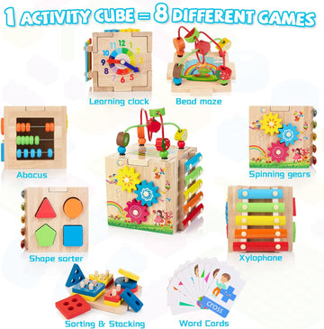 Wooden Activity Cube | 8-in-1 Montessori Toys for 18M+ Toddlers, One Year Old First Birthday Toy, Baby Toy Set with Bonus Sorting & Stacking Board