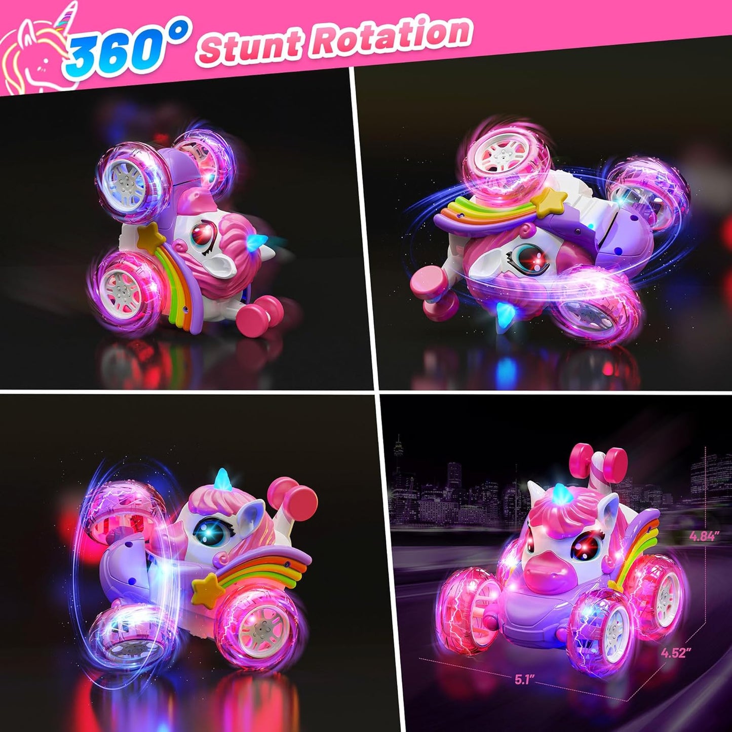 Hot Bee Remote Control Cars, Toy Cars for Kids Age 3 4 5 6, RC Stunt Car with LED Light, Unicorn Gifts for Girls, Unicorn Toys for 2 3 4 5 6 Year Old Girls