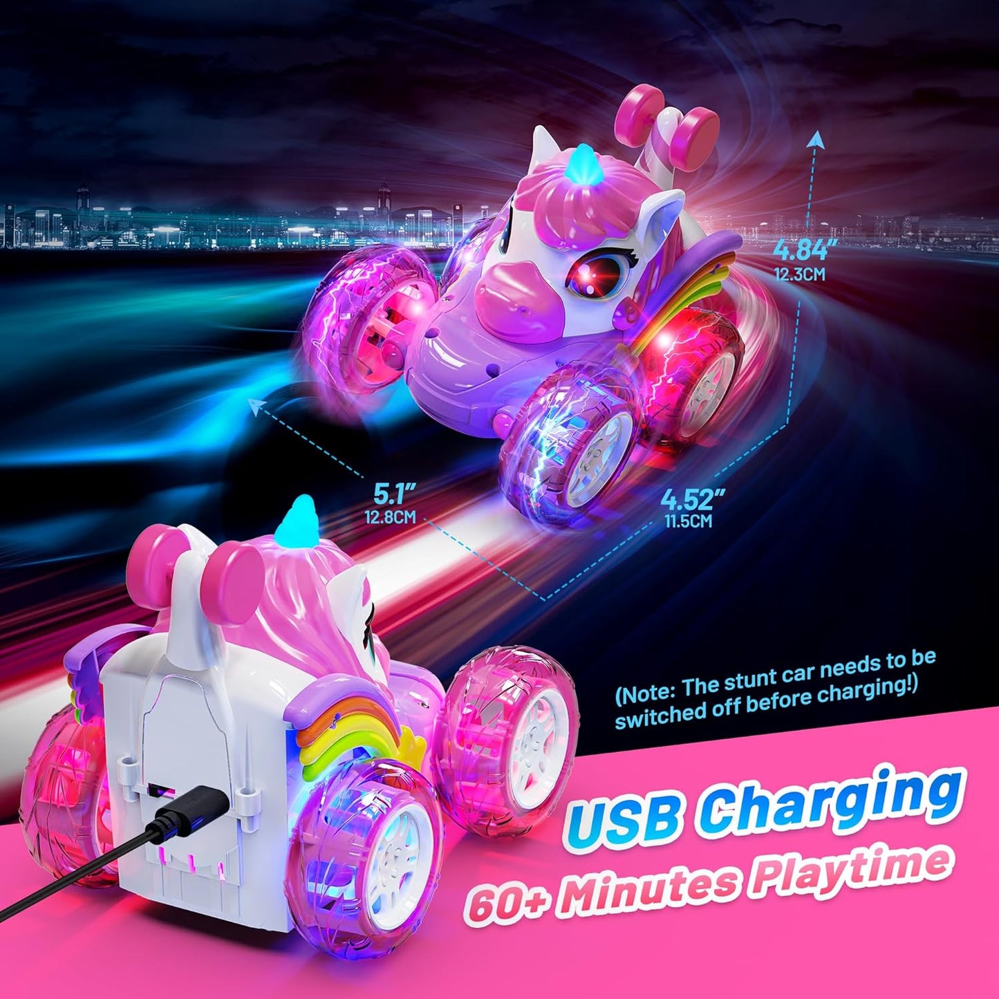 Hot Bee Remote Control Cars, Toy Cars for Kids Age 3 4 5 6, RC Stunt Car with LED Light, Unicorn Gifts for Girls, Unicorn Toys for 2 3 4 5 6 Year Old Girls