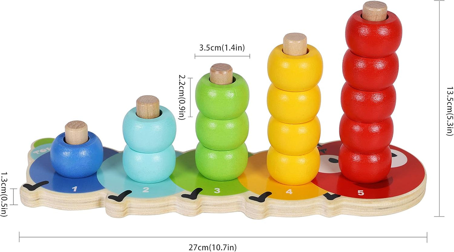 TOWO Wooden Stacking Rings Baby –Lovely Caterpillar Counting Game - Colour Sorting Puzzle - 5 Pegs Ring Stacker - Counting Rings Early Learning Wooden Toys for 1 year old Gift First Birthday Boy Girl