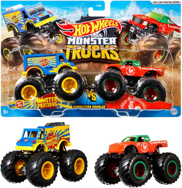 Hot Wheels Monster Trucks 2-Pack, Demolition Doubles Set of 2 Toy Vehicles in 1:64 Scale, For Kids & Collectors (Styles May Vary), FYJ64