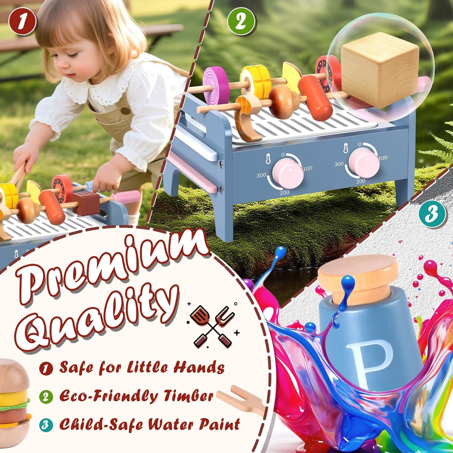 DICAO Gifts for 2 3 4 Year Old Girls Boys, 30 Pcs Toddler Toys, Wooden Kitchen BBQ Toys, Toy Kitchen Accessories, Role Play Toys for 2-5 Year Old Kids