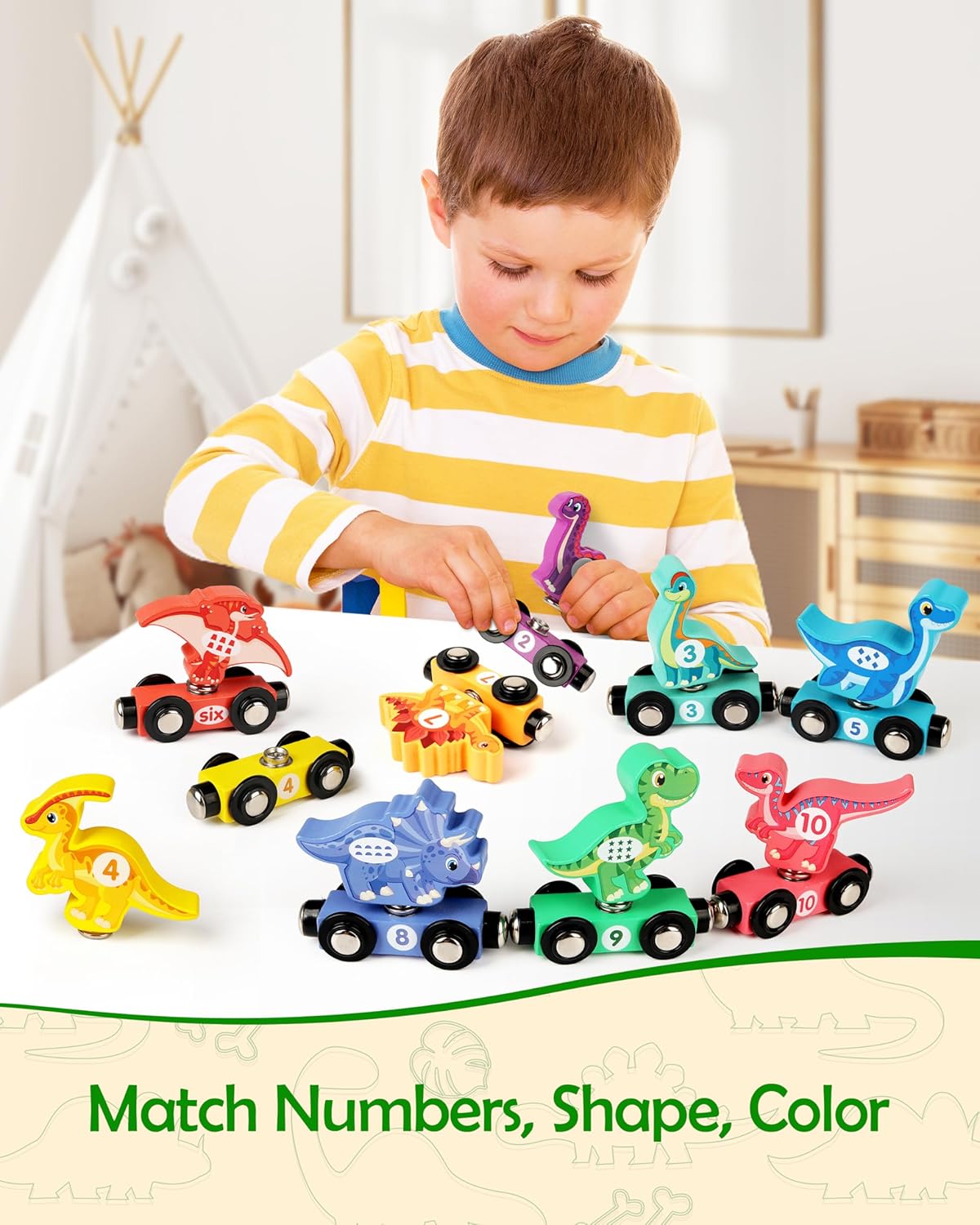 Vanmor Wooden Dinosaur Number Train, Magnetic Dinosaur Learning Toys, Toddler Toys for 1-3 Year Olds Boys, Gifts for 1 2 3 Year Olds Girls Boys