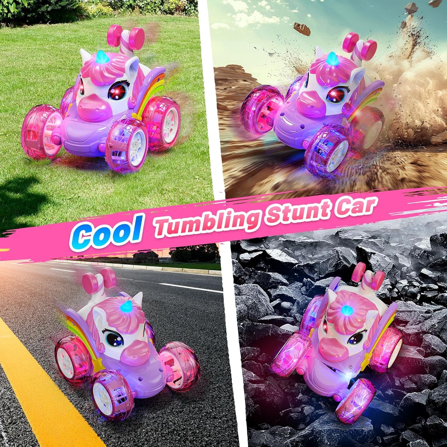 Hot Bee Remote Control Cars, Toy Cars for Kids Age 3 4 5 6, RC Stunt Car with LED Light, Unicorn Gifts for Girls, Unicorn Toys for 2 3 4 5 6 Year Old Girls