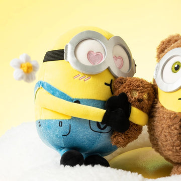 MINISO Mininos Cuddly Toy, 8 Inch Bob with Tim Plushie Stuffed Doll, Bob Holding Tim Theme Soft Toy for Minino Fans, Yellow Minion Plush Toy for Girls and Boys, Birthday Gift