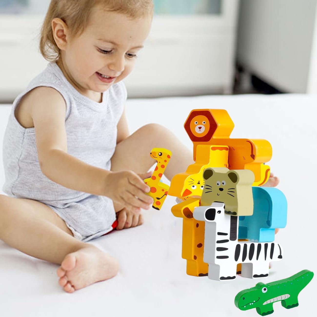 Maxricus Montessori Wooden Stacking Toys for 1-3 Year Old Boys & Girls – Animal Building Blocks for Toddlers | Educational Baby Toys 18+ Months | Birthday Gifts for 1+ Year Old Kids
