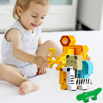 Maxricus Montessori Wooden Stacking Toys for 1-3 Year Old Boys & Girls – Animal Building Blocks for Toddlers | Educational Baby Toys 18+ Months | Birthday Gifts for 1+ Year Old Kids