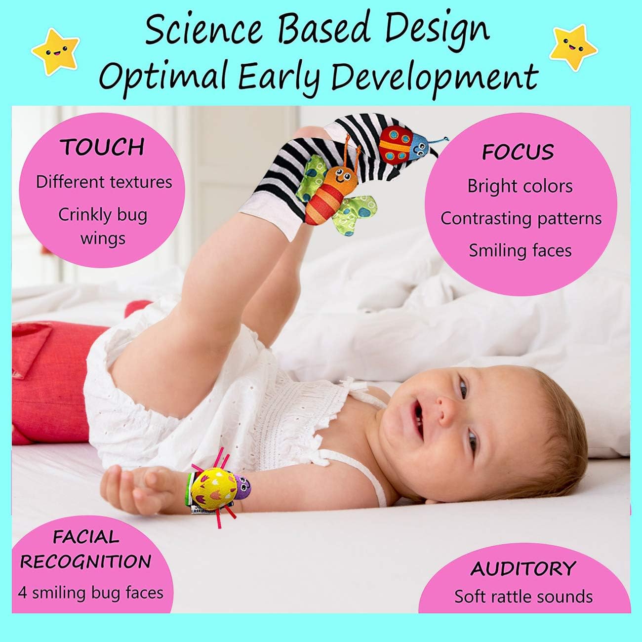 Foot Finders & Wrist Rattles for Infants - Developmental Texture Toys for Babies - Infant Socks & Baby Wrist Rattle - Newborn Toys for Girls Boys 0-3 3-6 6-9 Months Brand: wgde toy