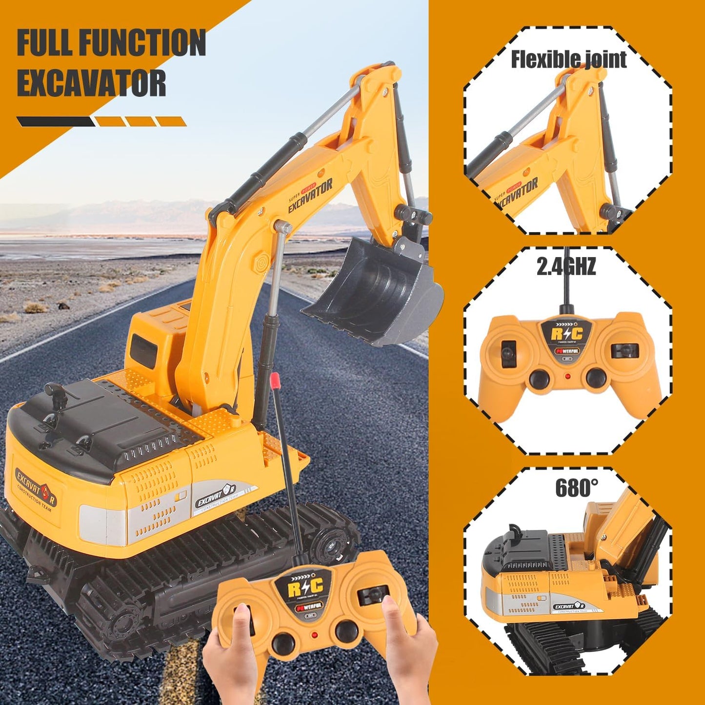 Jiakora Remote Control Excavator Toys for Boys, RC Excavator Toy for Boys 6 7 8 9+Year Old Kids Christmas Birthday Gift，RC Digger Truck Construction Vehicles with Metal Shovel & Light