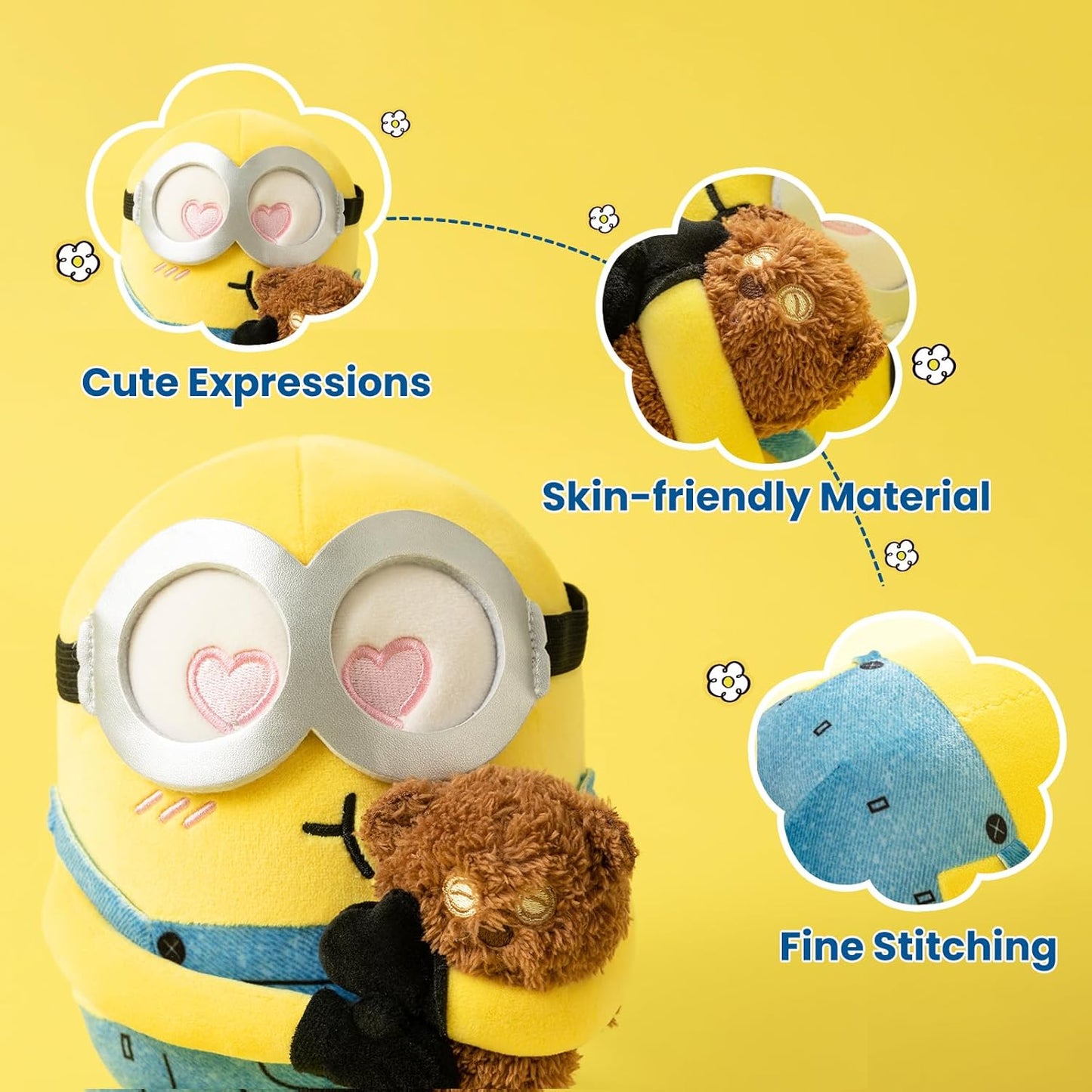 MINISO Mininos Cuddly Toy, 8 Inch Bob with Tim Plushie Stuffed Doll, Bob Holding Tim Theme Soft Toy for Minino Fans, Yellow Minion Plush Toy for Girls and Boys, Birthday Gift
