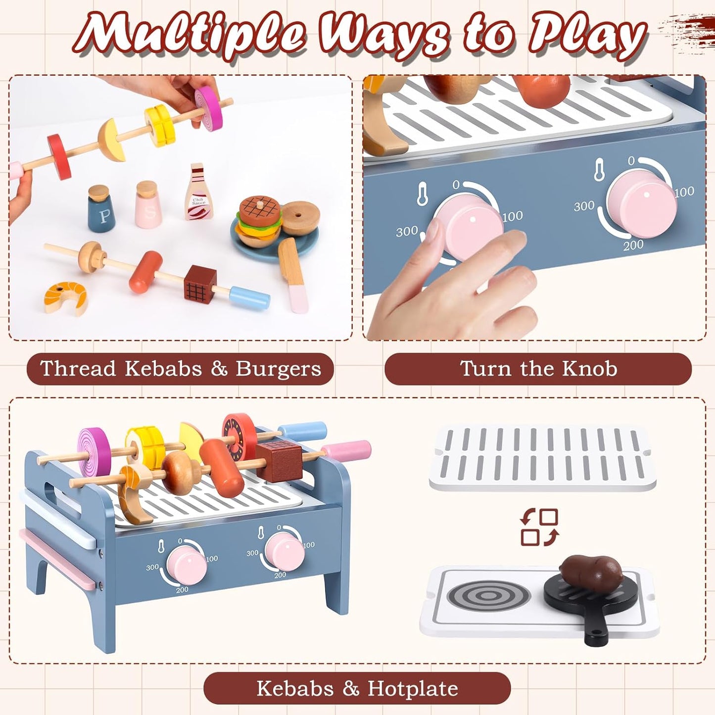 DICAO Gifts for 2 3 4 Year Old Girls Boys, 30 Pcs Toddler Toys, Wooden Kitchen BBQ Toys, Toy Kitchen Accessories, Role Play Toys for 2-5 Year Old Kids