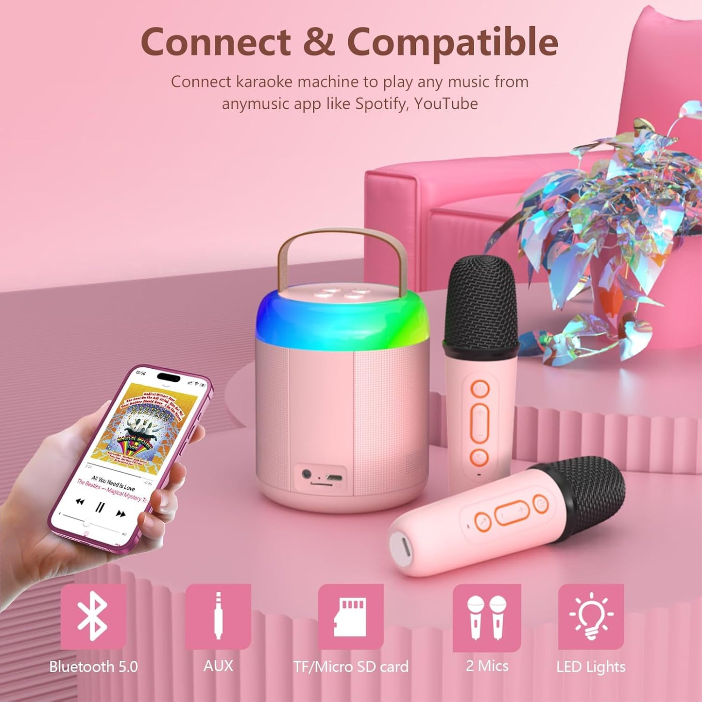 Onihan Karaoke Machine for Kids with 2 Microphones, Portable Kids Karaoke Machines for Girls with LED Party Lights,Girls Toys Birthday Gifts