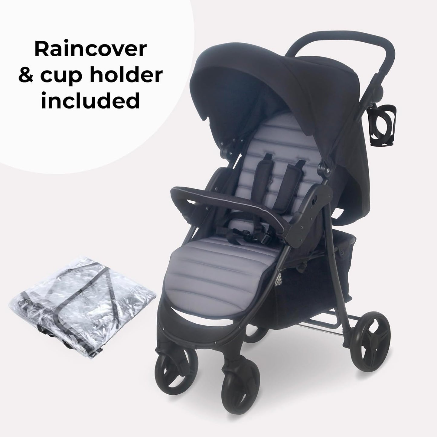 My Babiie MB30 Pushchair – from Birth to 4 Years (22kg), Easy Compact Fold, Large Shopping Basket, Adjustable Handle, Stroller Includes Cup Holder, Rain Cover – Black & Grey