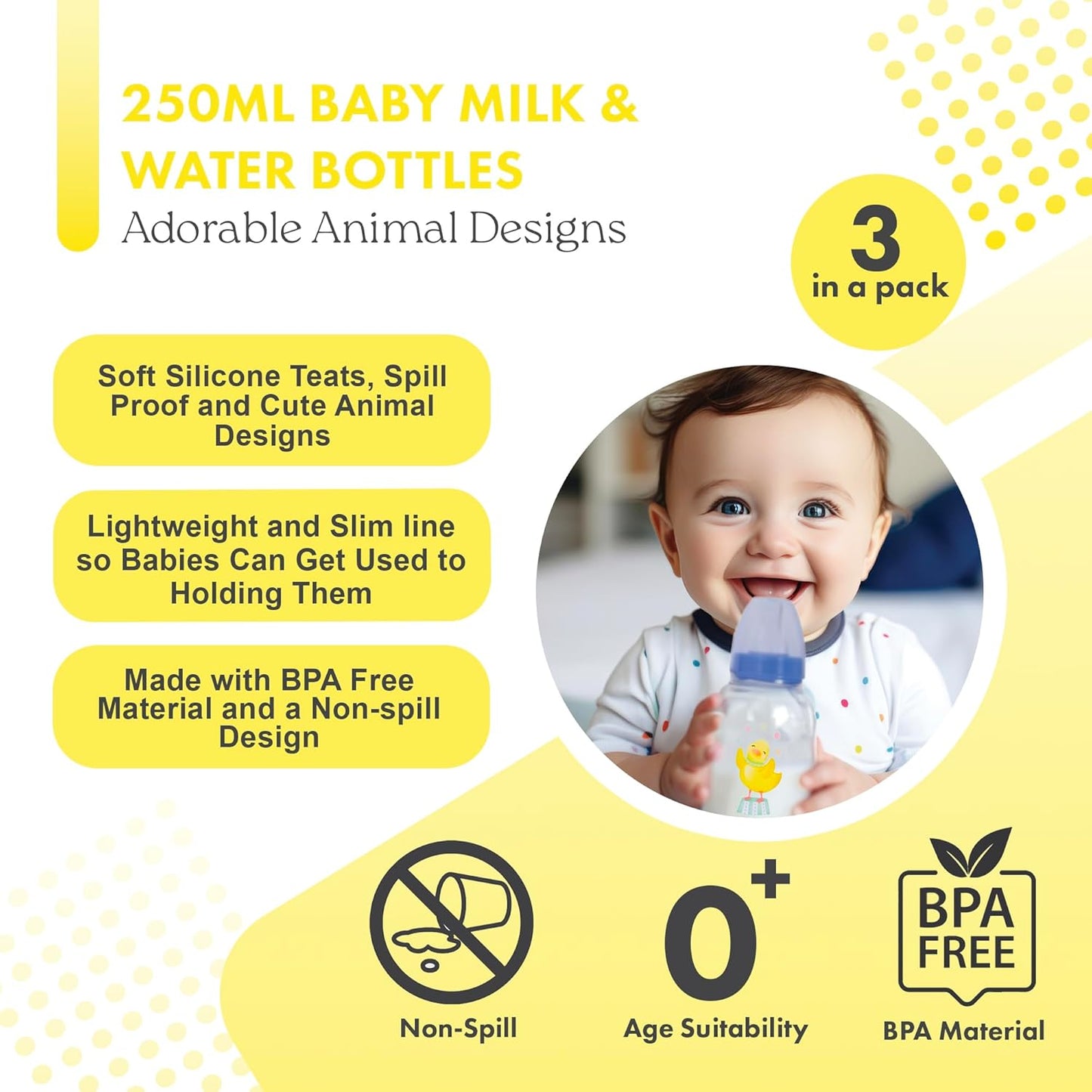 3 Pack Baby Milk and Water Bottles Easy Grip with Soft Silicone Medium Flow Teats 250ml 8.5oz, Fun and Cute Animal Designs