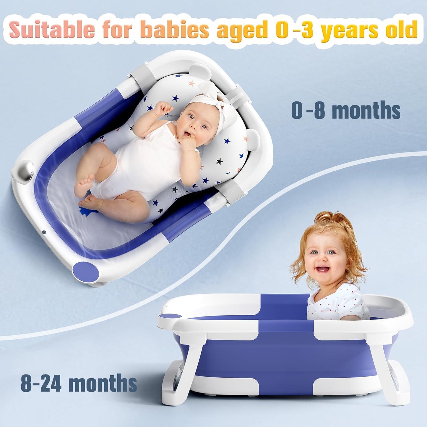 Rabb 1st Baby Bath Tub Foldable,Portable Bath Newborn to Toddler with Non-Slip Mat,Drain Hole,No Thermometer,Grey