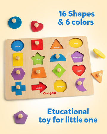 Coogam Toy Wooden Shape Peg Puzzle, Fine Motor Color Matching Sorting Board, Early Learning Educational Activity Toy Gift for Preschool Toddler Baby 3 4 5 Year Old