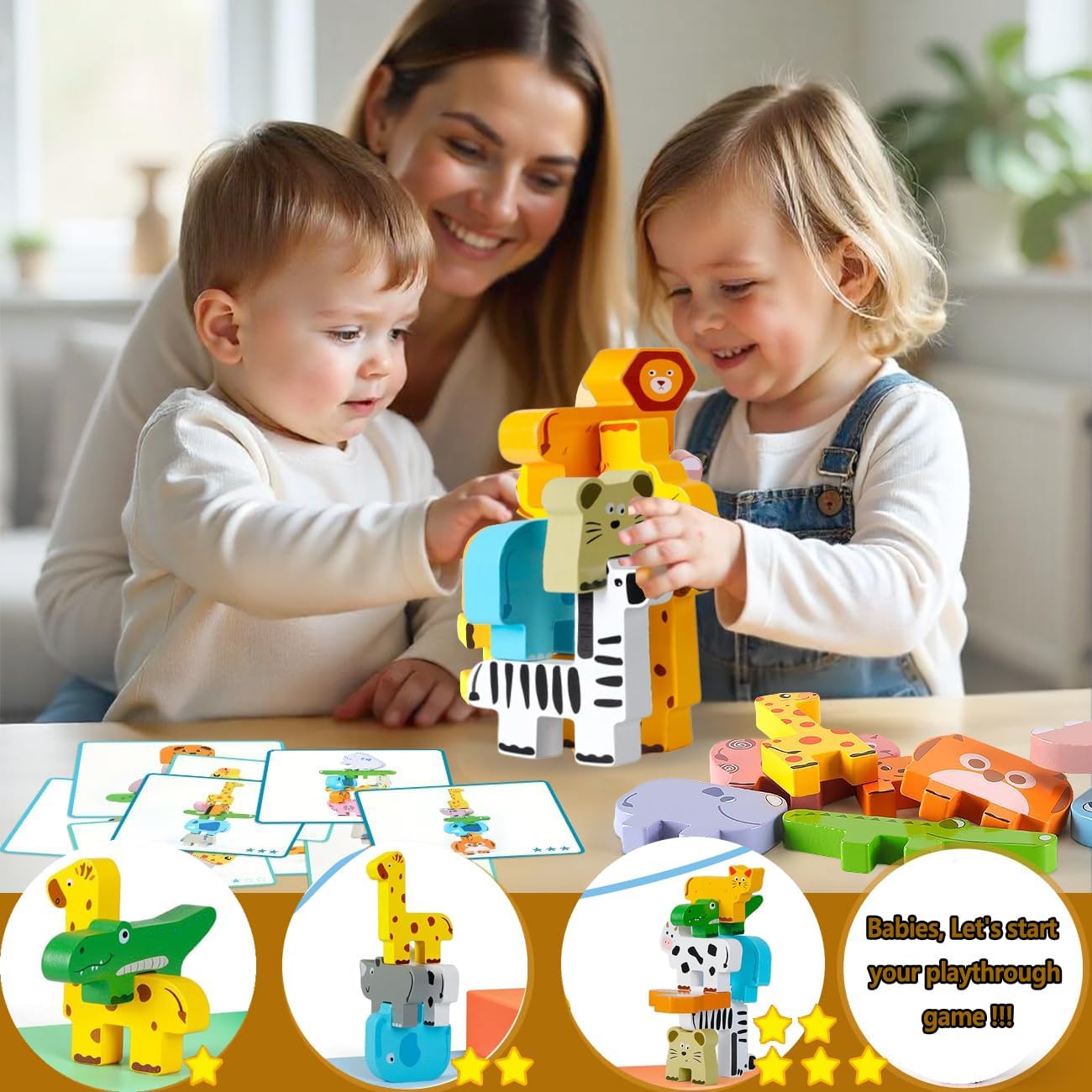 Maxricus Montessori Wooden Stacking Toys for 1-3 Year Old Boys & Girls – Animal Building Blocks for Toddlers | Educational Baby Toys 18+ Months | Birthday Gifts for 1+ Year Old Kids