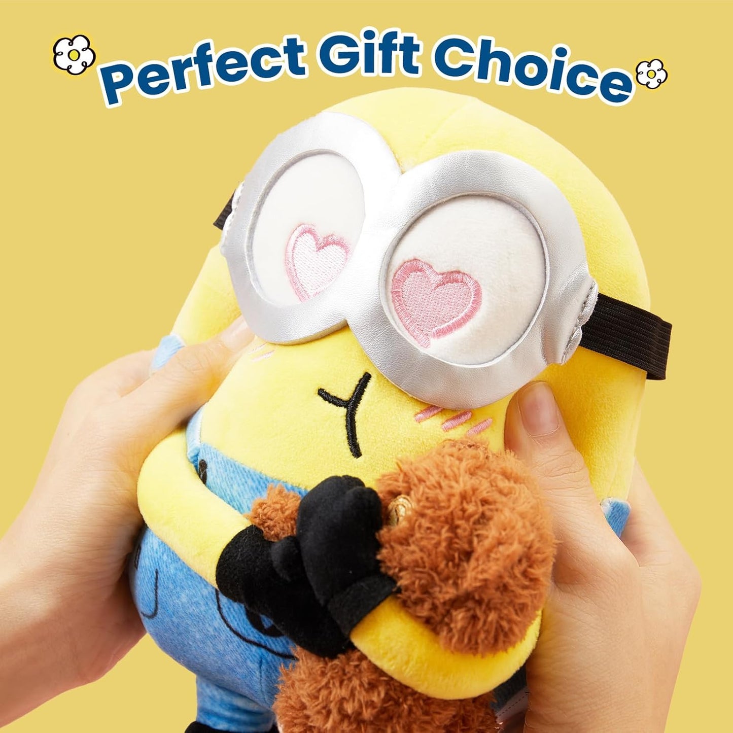 MINISO Mininos Cuddly Toy, 8 Inch Bob with Tim Plushie Stuffed Doll, Bob Holding Tim Theme Soft Toy for Minino Fans, Yellow Minion Plush Toy for Girls and Boys, Birthday Gift