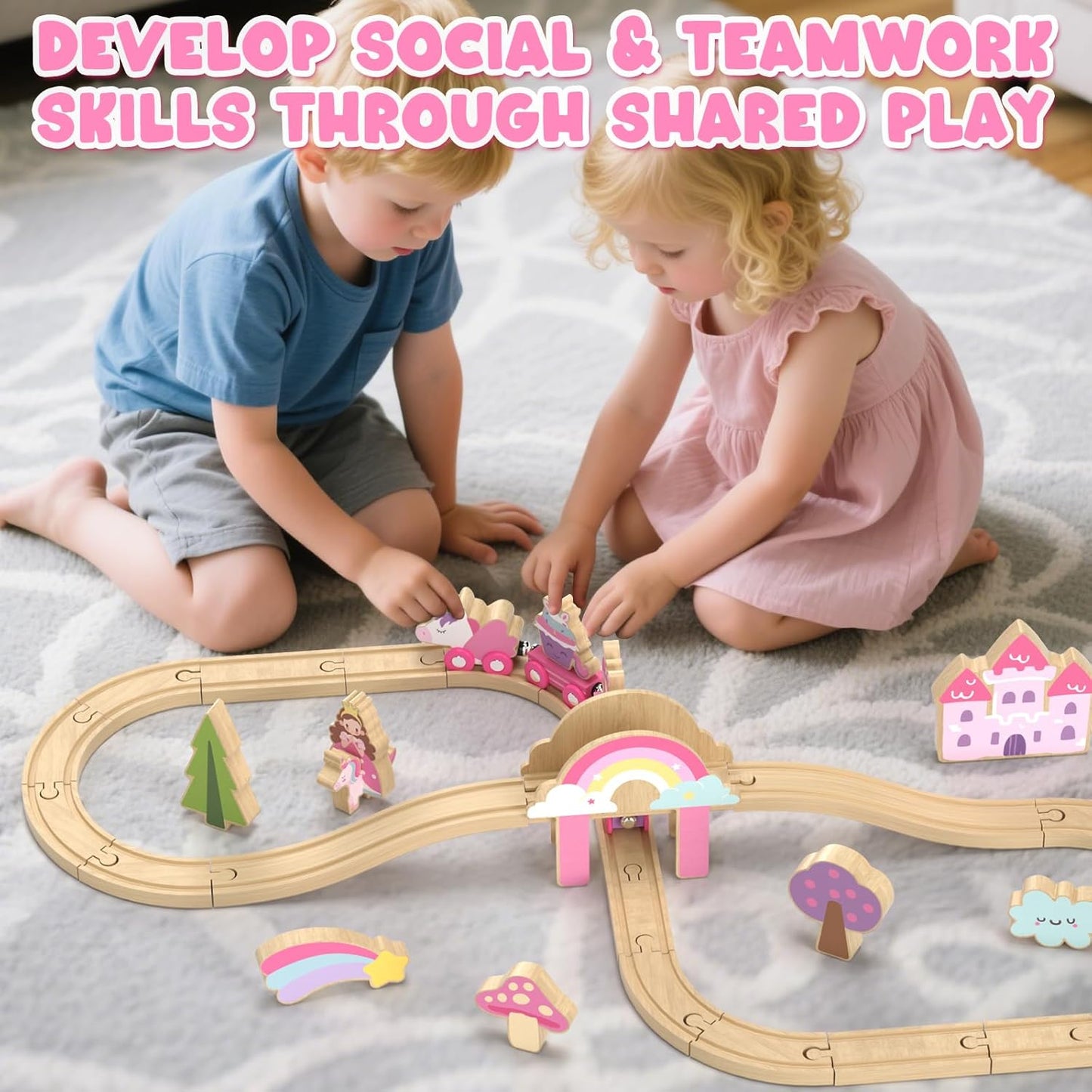 Lehoo Castle Unicorn Gifts for Girls, Wooden Train Set Kids Toys for 3 4 5 6 Year Old, Train Track Girls Unicorn Toys for Toddler Age 3-6