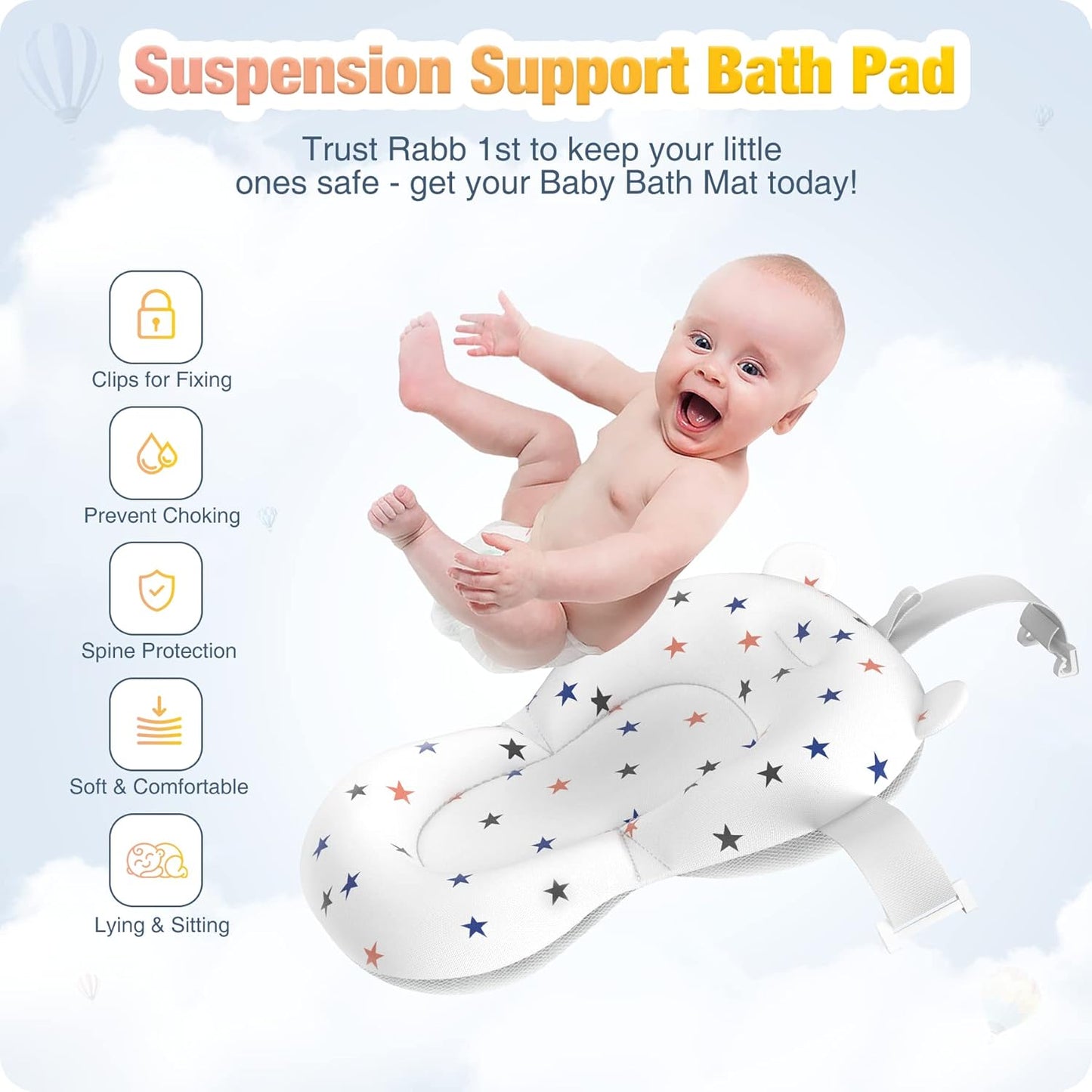 Rabb 1st Baby Bath Tub Foldable,Portable Bath Newborn to Toddler with Non-Slip Mat,Drain Hole,No Thermometer,Grey