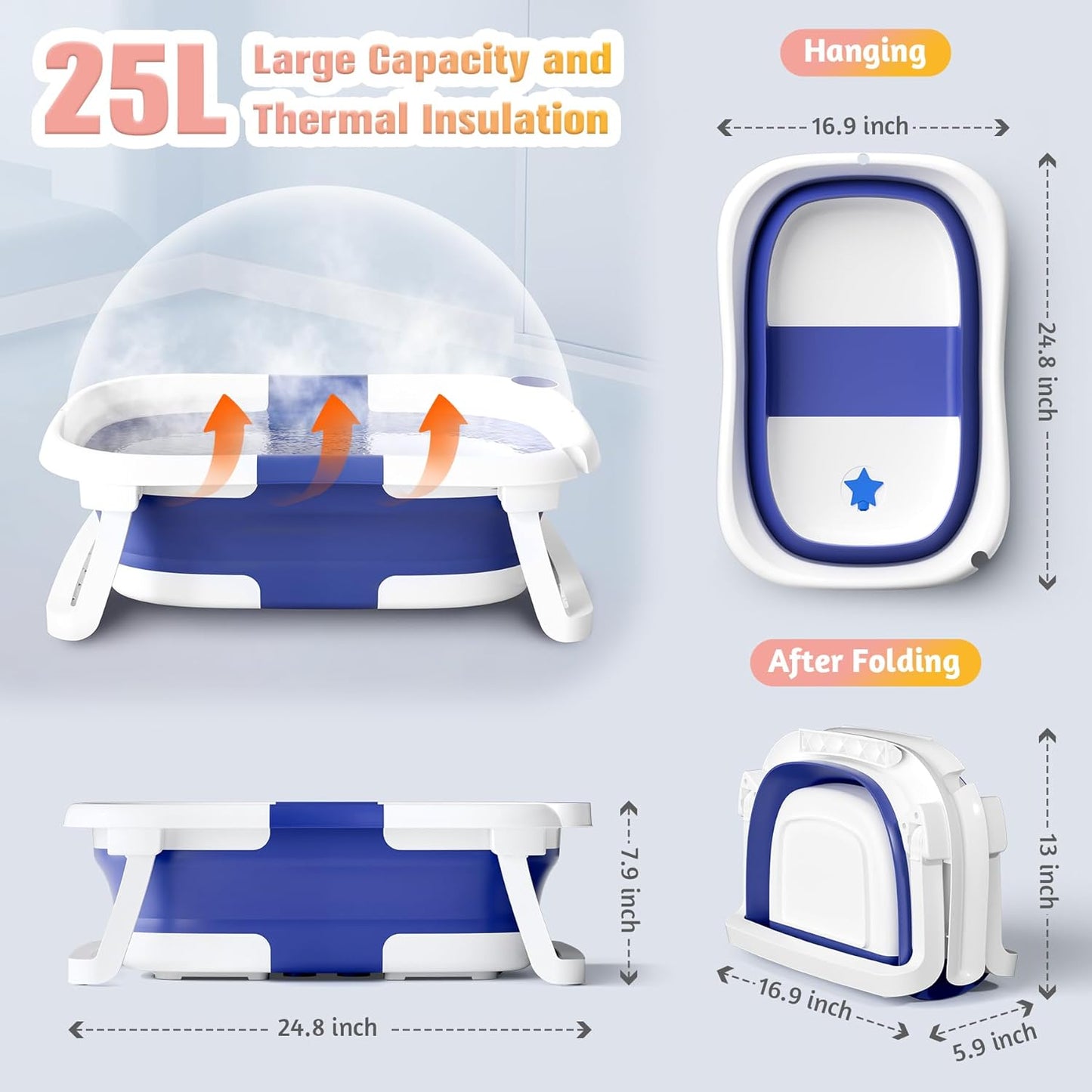 Rabb 1st Baby Bath Tub Foldable,Portable Bath Newborn to Toddler with Non-Slip Mat,Drain Hole,No Thermometer,Grey