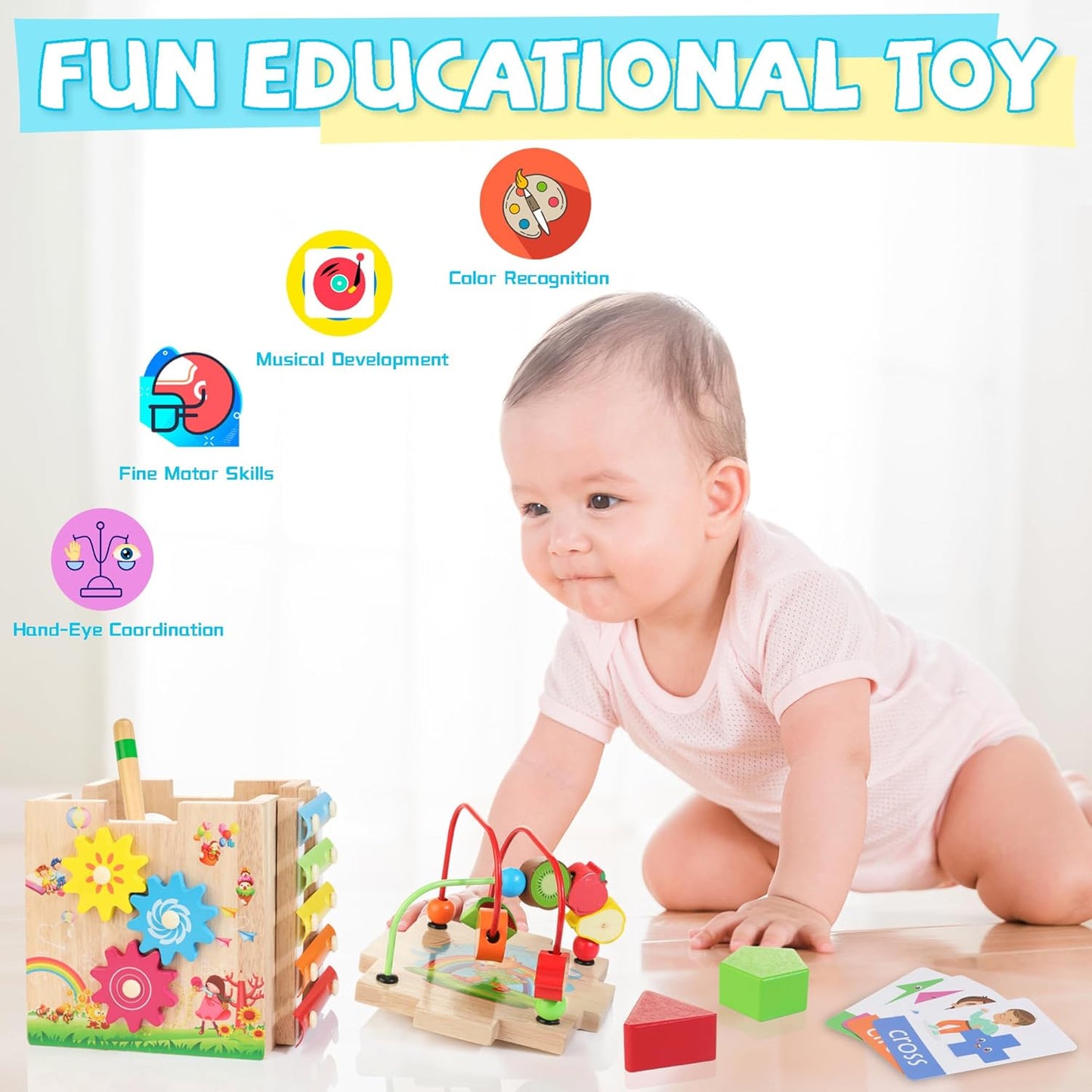 Wooden Activity Cube | 8-in-1 Montessori Toys for 18M+ Toddlers, One Year Old First Birthday Toy, Baby Toy Set with Bonus Sorting & Stacking Board