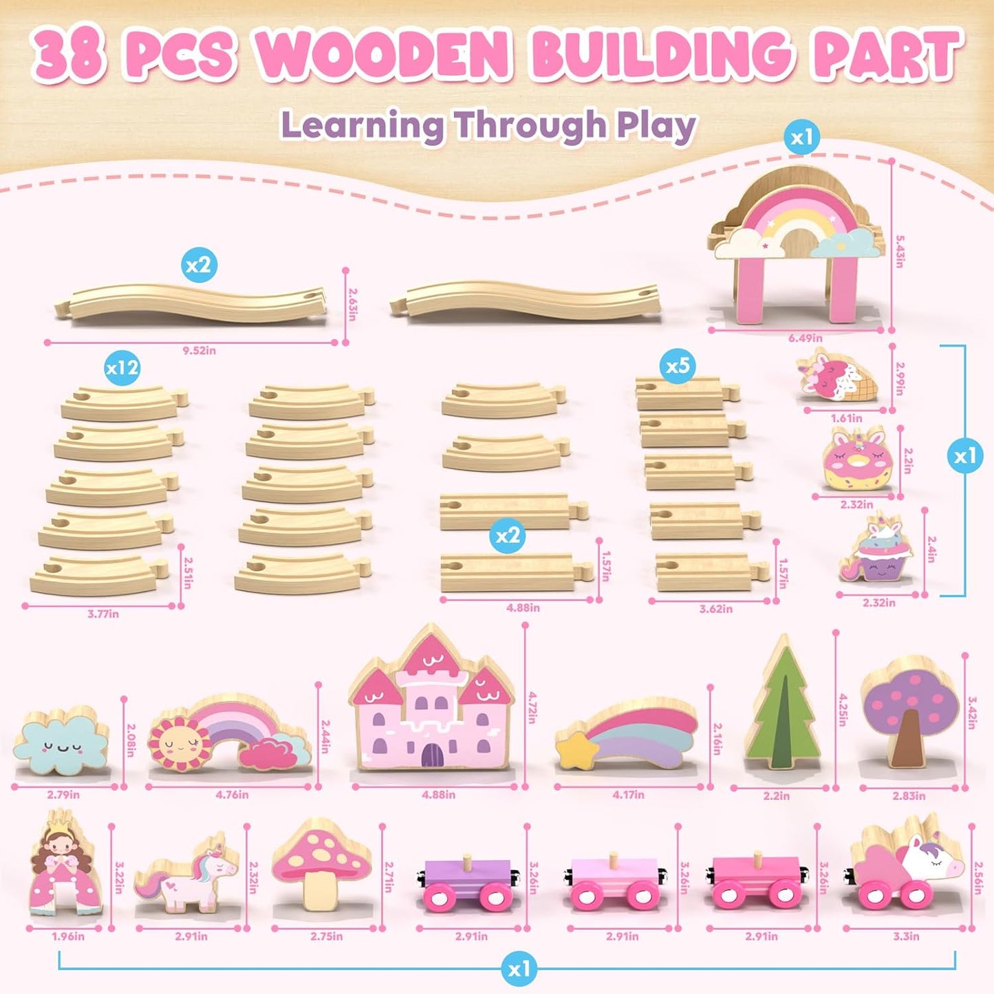 Lehoo Castle Unicorn Gifts for Girls, Wooden Train Set Kids Toys for 3 4 5 6 Year Old, Train Track Girls Unicorn Toys for Toddler Age 3-6