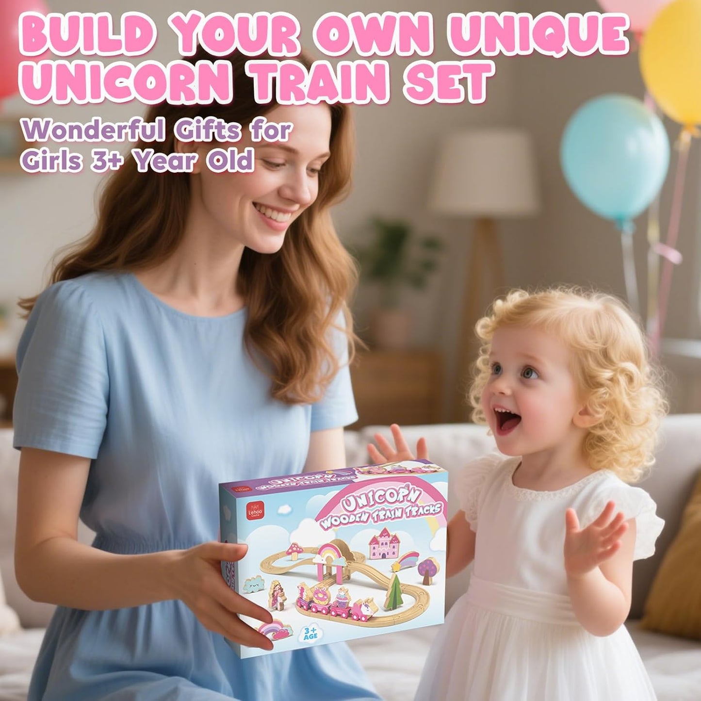 Lehoo Castle Unicorn Gifts for Girls, Wooden Train Set Kids Toys for 3 4 5 6 Year Old, Train Track Girls Unicorn Toys for Toddler Age 3-6