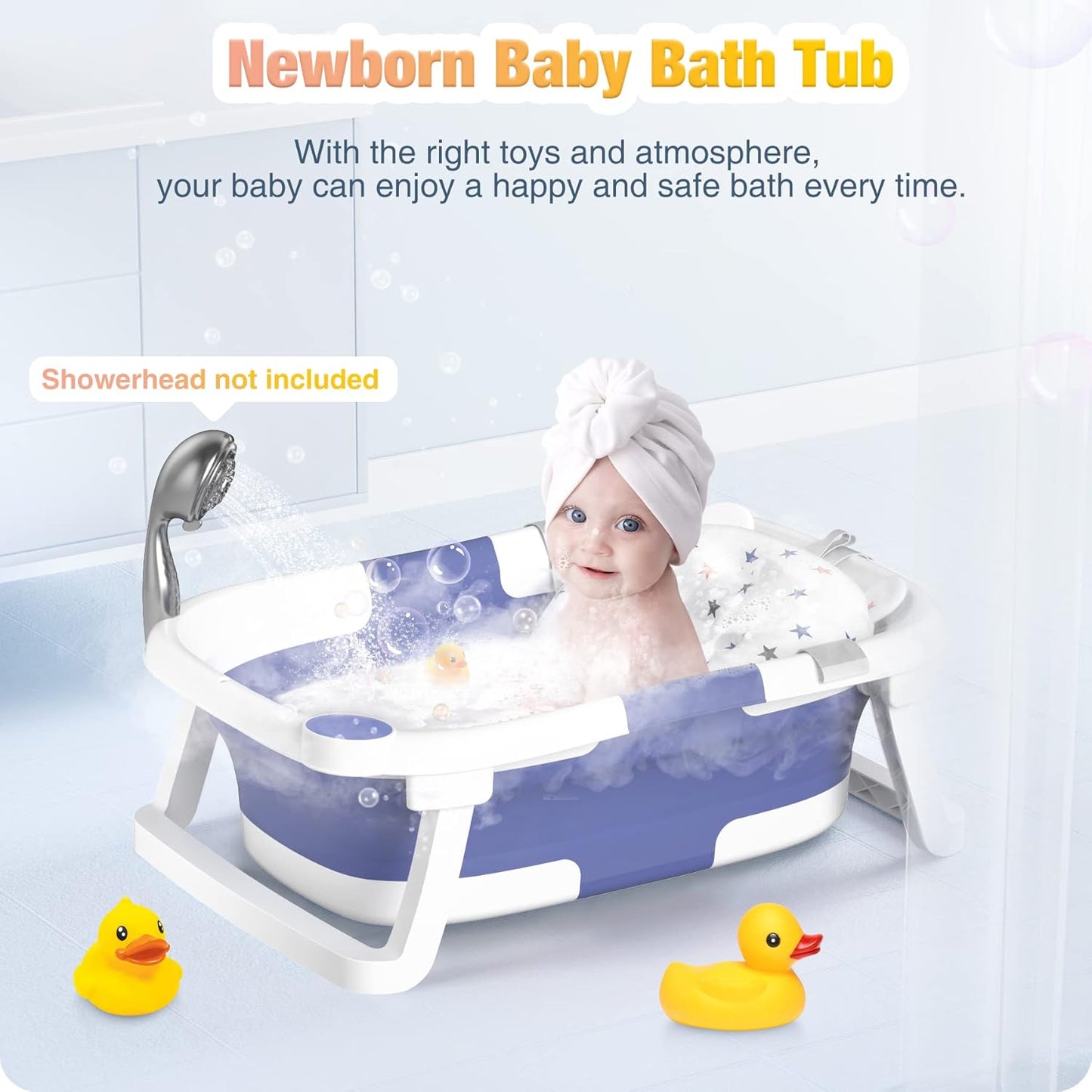 Rabb 1st Baby Bath Tub Foldable,Portable Bath Newborn to Toddler with Non-Slip Mat,Drain Hole,No Thermometer,Grey